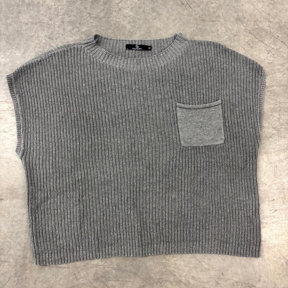 LILLUSORY Sweater Vest Women's XL Gray Ribbed Knit Sleeveless Pocket Cotton Top